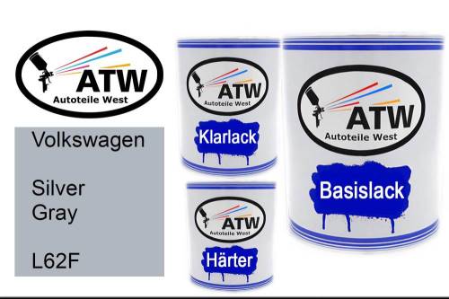 Volkswagen, Silver Gray, L62F: 1L Lackdose + 1L Klarlack + 500ml Härter - Set, von ATW Autoteile West.